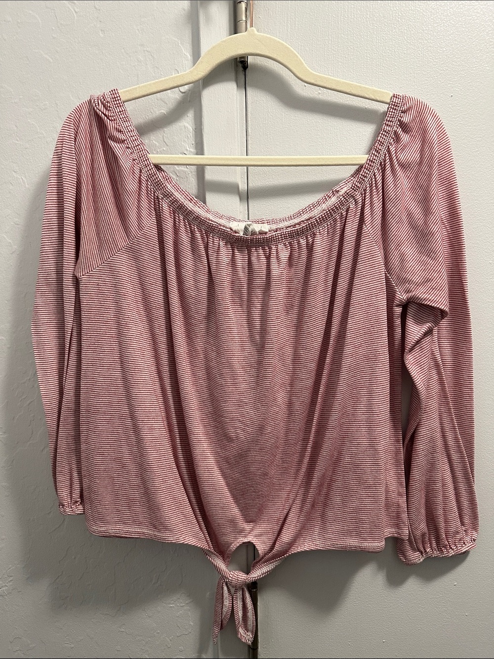 Women’s Red & White Striped Off-Shoulder Tie-Front Top